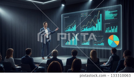 A business presentation with a man pointing at financial charts in a dark room, great for corporate training videos, investment firm ads, and professional seminar visuals. 133310063