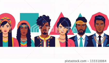 An illustration of six diverse people in cultural attire with geometric shapes, suitable for inclusivity campaigns, global team graphics, and multicultural education materials. An illustration of six diverse people in cultural attire with geometric shapes, suitable for inclusivity campaigns, global team graphics, and multicultural education materials. 133310064