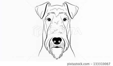 A black and white line drawing of a dog's face with a beard on a white background, perfect for pet portrait styles, simple logo designs, and minimalist animal art. 133310067