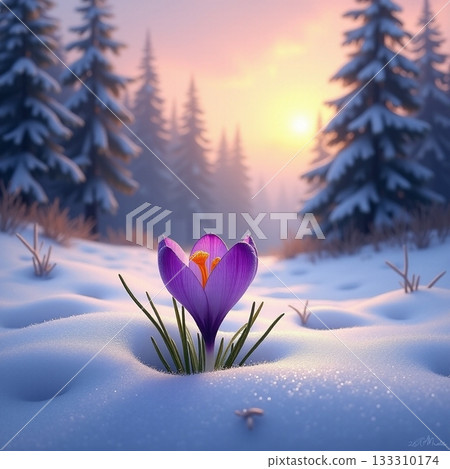 Crocus blooming in the snowy forest during sunrise Generative AI 133310174