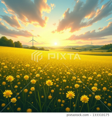 Bright flowers under a vibrant sunset with wind turbines Generative AI 133310175