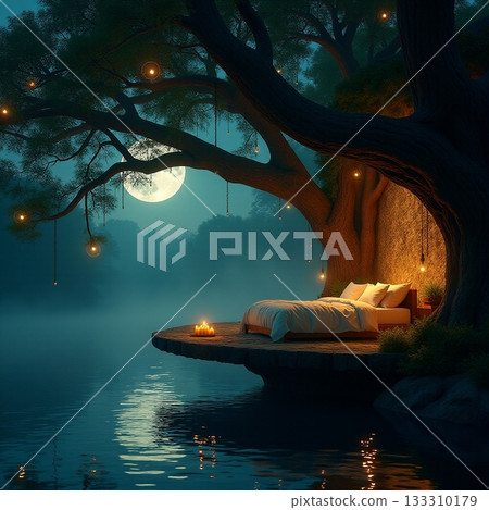 Cozy bed under a tree by the peaceful lake at night Generative AI Cozy bed under a tree by the peaceful lake at night Generative AI 133310179