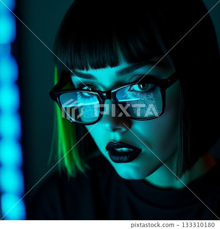 Young woman with glasses focused on computer screen details Generative AI 133310180