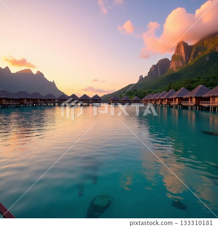 Stunning sunset over water bungalows in tropical paradise Generative AI 133310181