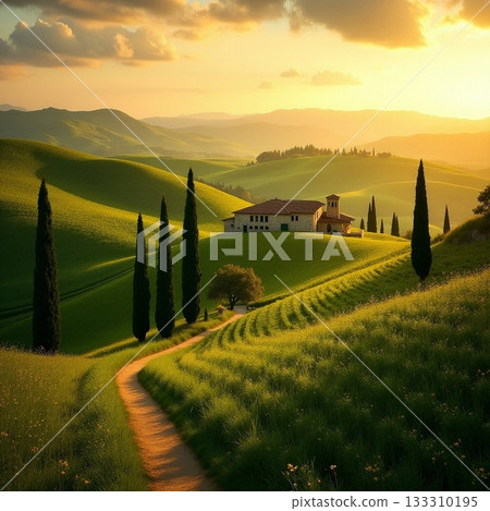 Scenic sunset over rolling hills with a cozy farmhouse Generative AI 133310195