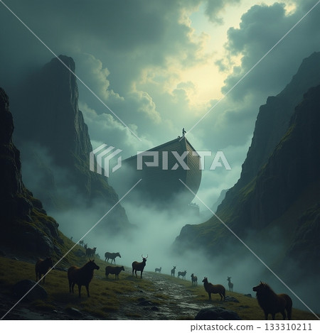 Noahs Ark set amidst a mystical landscape with animals Generative AI Noahs Ark set amidst a mystical landscape with animals Generative AI 133310211
