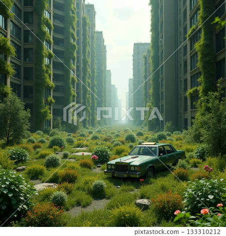 Abandoned city overtaken by nature in bright daylight Generative AI Abandoned city overtaken by nature in bright daylight Generative AI 133310212