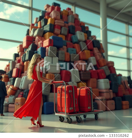Woman in red dress walks past colorful luggage pile at airport Generative AI Woman in red dress walks past colorful luggage pile at airport Generative AI 133310262