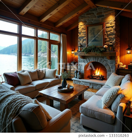 Cozy lakeside living room with fireplace and scenic views Generative AI 133310263