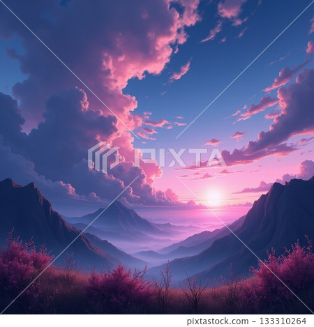 Majestic sunset over mountain landscape at dusk Generative AI 133310264