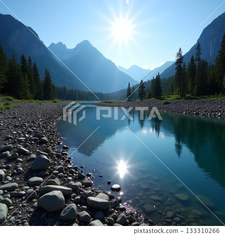 Scenic river view with mountains and bright sunlight Generative AI Scenic river view with mountains and bright sunlight Generative AI 133310266