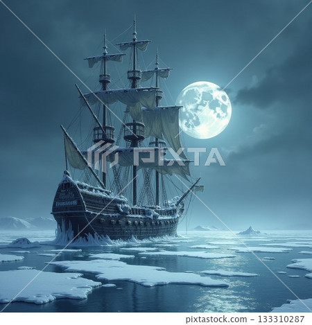 Majestic ship navigates icy waters under full moon glow Generative AI 133310287