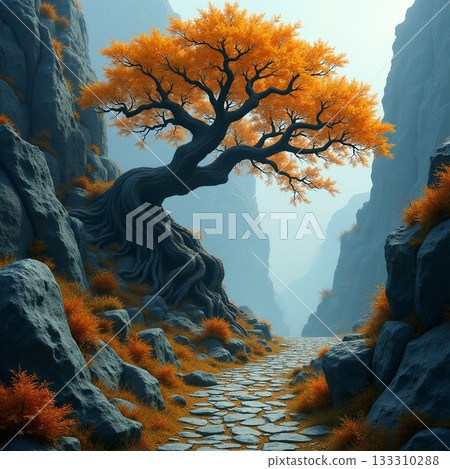 Majestic tree with orange leaves in rocky canyon path Generative AI 133310288