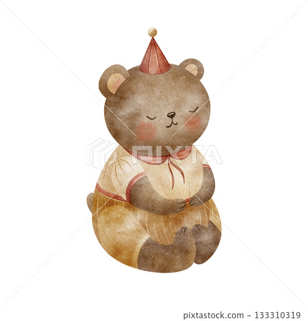 Bear teddy watercolor illustration in vintage costume, party hat on isolated background. Hand-drawn cute toy animal in childish retro style for greeting cards, posters, invitations, baby nursery decor 133310319