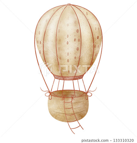 Hot air balloon watercolor illustration beige colors, red strings in vintage style. Hand drawn children's flying transport on isolated background. Cute design for newborns cards posters, nursery decor Hot air balloon watercolor illustration beige colors, red strings in vintage style. Hand drawn children's flying transport on isolated background. Cute design for newborns cards posters, nursery decor 133310320