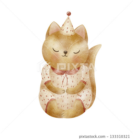 Fox squirrel cat watercolor illustration. Cute animal in pajamas party hat on isolated background. Hand-drawn character in childish vintage style for greeting cards poster invitations nursery decor 133310321