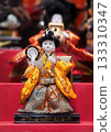 [Material] A festive display of Japanese Hina dolls, featuring girls holding drums and lined up on a red platform. 133310347
