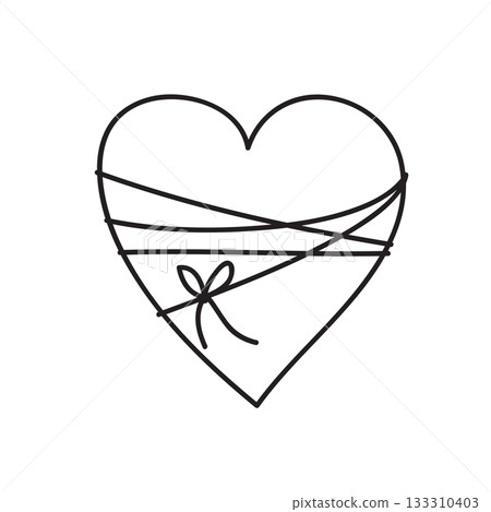 Hand draw heart with bow. Hand drawn doodle vector illustration in continuous line. Line art decorative design 133310403