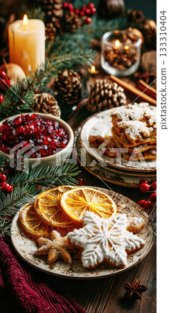 Christmas Scene with Dried Orange Slices, nd Star-Shaped Decorations 133310404