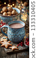 Cozy Holiday Scene with Hot Cocoa, Cookies, and Decorations on the Table 133310405