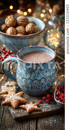 Cozy Holiday Scene with Hot Cocoa, Cookies, and Decorations on the Table 133310405