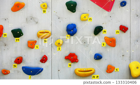 An indoor climbing wall with colorful holds An indoor climbing wall with colorful holds 133310406