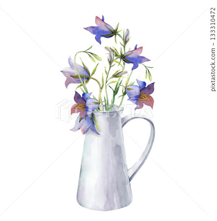 A bouquet of bluebells in a white jug. Watercolor illustration with blue wildflowers on an isolated background. Floral arrangement for postcards, invitations and rustic design. A bouquet of bluebells in a white jug. Watercolor illustration with blue wildflowers on an isolated background. Floral arrangement for postcards, invitations and rustic design. 133310472