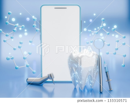smartphone screen is presented with dental tools and a tooth model smartphone screen is presented with dental tools and a tooth model 133310571