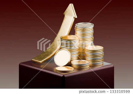 stacks of coins and an upward arrow, symbolizing financial growth 133310599