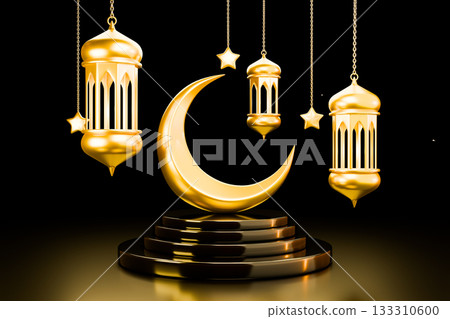 The golden crescent moon and stars are displayed as decorations for Eid Ramadan 133310600