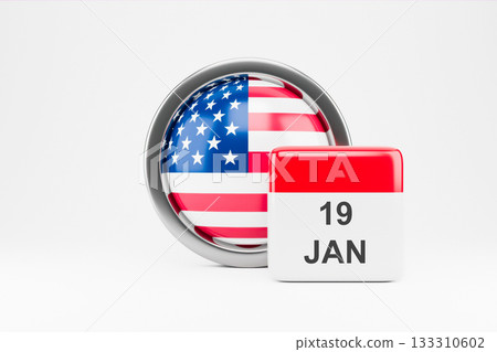 a calendar icon showing January 19th next to a United States flag emblem 133310602