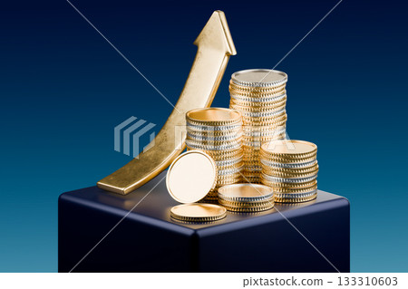 stacks of coins and an upward arrow, symbolizing financial growth. stacks of coins and an upward arrow, symbolizing financial growth. 133310603