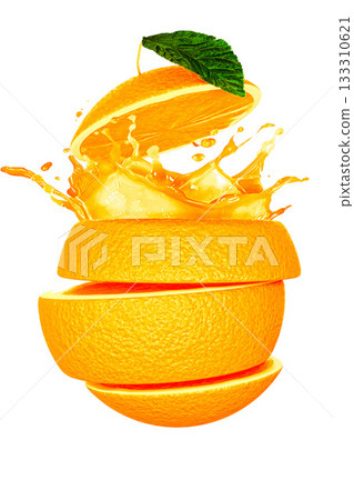 an orange being sliced with juice splashing out on white background 133310621
