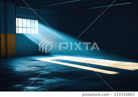 An empty garage or storage room with sun rays falling through the window 133310665