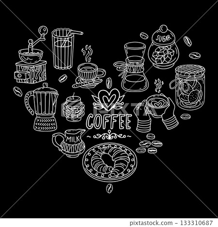 Set of white line art hygge coffee acessories heart shaped composition with Coffee hand lettering text on black background 133310687