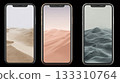 Three iphones displaying digital desert dunes and ocean waves 133310764
