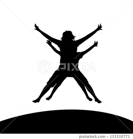 Silhouette of happy jumping people. Mother and daughter. Hand drawn. Not AI, vector illustration. 133310771