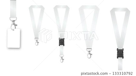 Badges Lanyard design. Identification card with ribbon. Metal closure and card with plastic. Accreditation for events congresses and companies. Vector 133310792