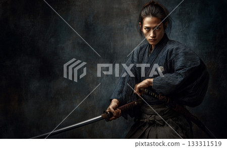 Portrait of a Samurai with a Japanese Sword The Spirit of Bushido 133311519