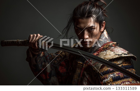 一位手持日本刀的武士肖像，展現了武士道精神。 133311589