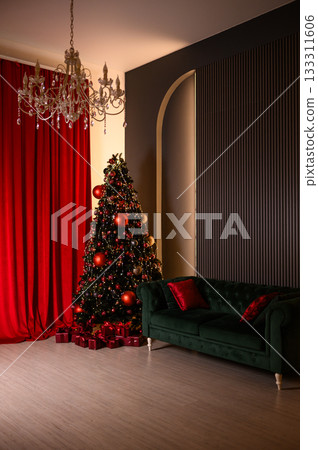 Elegant Christmas interior with a beautifully decorated tree in red and gold tones, luxurious green velvet sofa, red curtains, chandelier, and neatly arranged holiday gifts creating a warm festive Elegant Christmas interior with a beautifully decorated tree in red and gold tones, luxurious green velvet sofa, red curtains, chandelier, and neatly arranged holiday gifts creating a warm festive 133311606