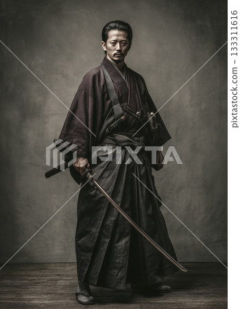 一位手持日本刀的武士肖像，展現了武士道精神。 133311616