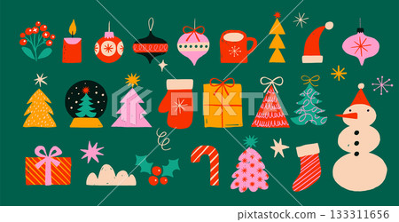 Colorful retro Christmas icons collection. Snowman, Christmas trees, ornaments and other holiday Colorful retro Christmas icons collection. Snowman, Christmas trees, ornaments and other holiday 133311656