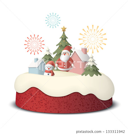 Red velvet bundt cake isolated have 3D miniature model of Winter Wonderland on top 133311942