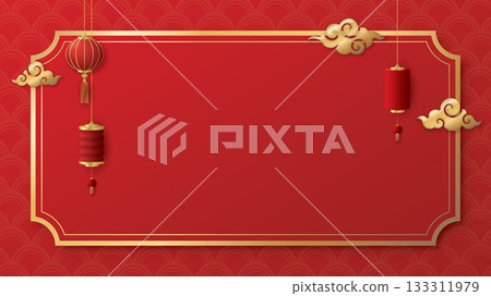 Golden frame with clouds and lanterns Chinese style on red background. 133311979