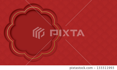 Blank 3D abstract flower frame with golden border paper cut style on red background. 133311993