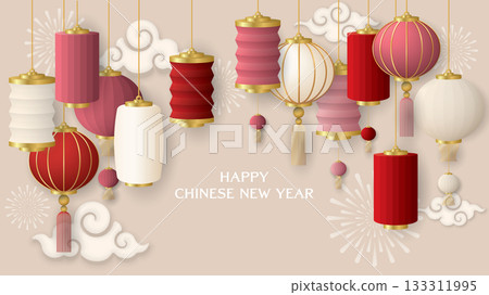 Various paper lanterns hanging with fireworks and clouds Chinese style on beige background. 133311995
