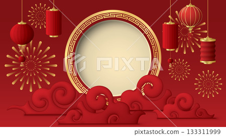 Blank 3D golden circle frame with clouds, fireworks and paper lanterns Chinese style on red background. 133311999