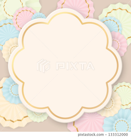 Blank 3D abstract flower frame with pastel bows on beige square background. 133312000