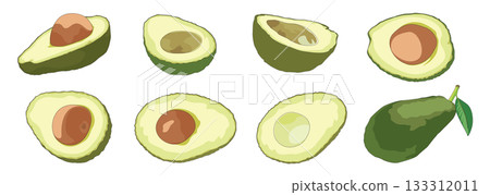 Set of Cute avocado halves doodle lines isolated Set of Cute avocado halves doodle lines isolated 133312011